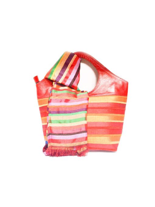 Set Sabra (bolso + chal) Tejido - Chal de hilo de seda, tejido a mano con flecos+ bolso mitad de hilo de seda y mitad de piel de cabra, h