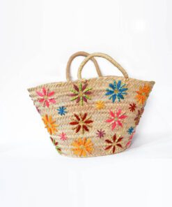 Multicolored flower basket Wicker - Basket woven palm leaf, wool decorated, hand woven