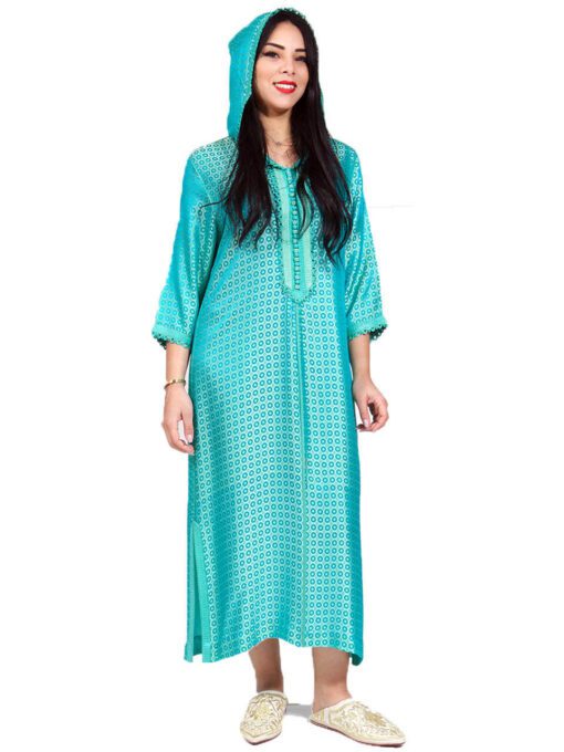 Djellaba Djellabas - Silk couture turquoise blue djellaba, three-quarter sleeves, elegant, with all-over nodes patterns, worked