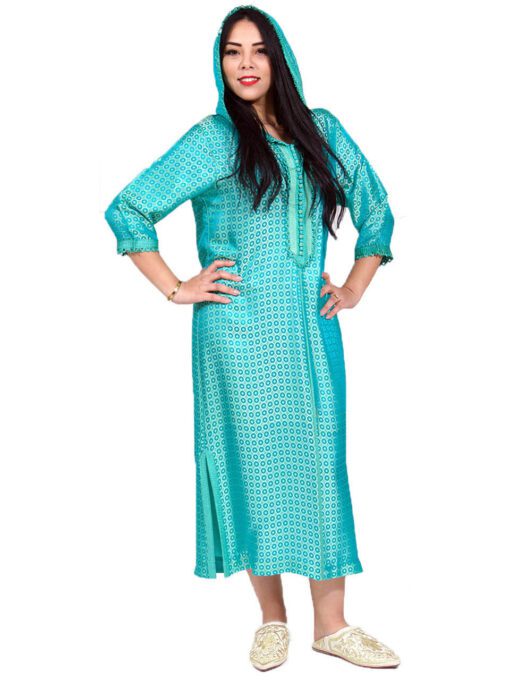 Djellaba Djellabas - Djellaba couture en soie bleu turquoise, manches trois-quarts, élégante, avec motifs de nœuds all-over, travaillée