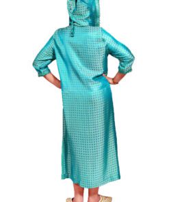 Djellaba Djellabas - Djellaba couture en soie bleu turquoise, manches trois-quarts, élégante, avec motifs de nœuds all-over, travaillée