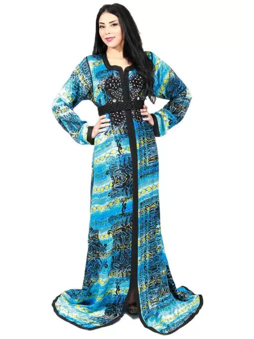 Caftan The traditional fashion - Caftan in silk satin, haute couture, long sleeves, elegant and very comfortable, worked with b