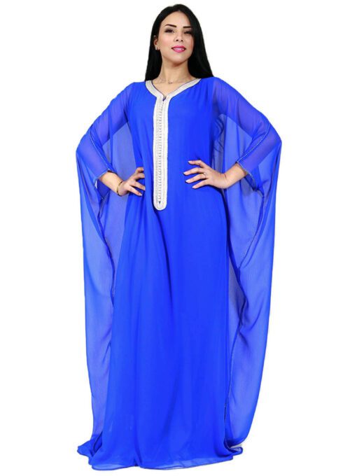 Gandoura marocaine La mode traditionnelle - Gandoura bleue en mousseline et doublure en satin de soie