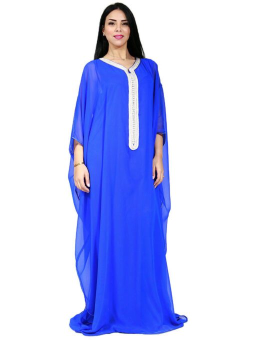 Gandoura marroquí La moda tradicional - Gandoura azul de muselina y forro de satén de seda