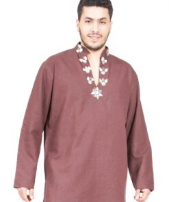Tunic The traditional fashion - Brown linen tunic, decorated neck of silver and sea shells.