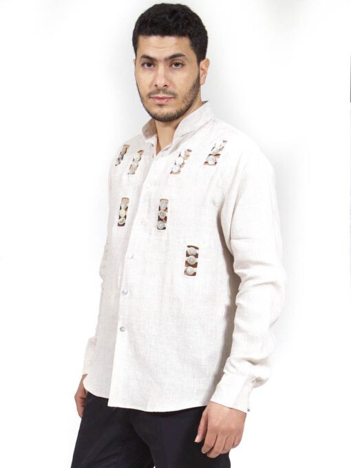 Traditional Shirt Tunics - Egg shell shirt in linen, opened from the front and decorated of sea shells.