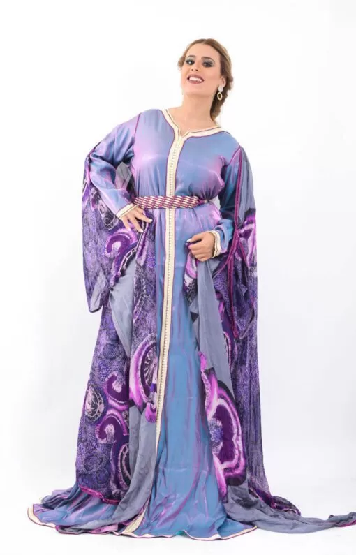 Caftan Caftan - Haute couture kaftan with a pretty silk satin fabric and printed musslin. Worked with a simple Sfifa and Aakads