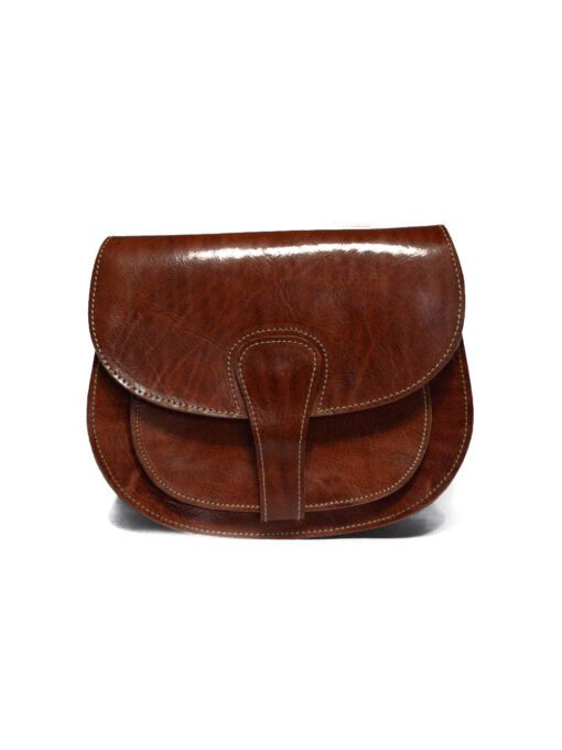 Bolso bolsillo largo Piel - Bonito bolso redondo en piel marrón, enteramente realizado en piel de becerro curtida, este bolso se puede cerrar con una prensa