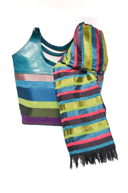 Set Sabra (bag + shawl) Fabric - Silk thread shawl, hand woven with fringed edge+ half silk thread and half goat leather bag, h