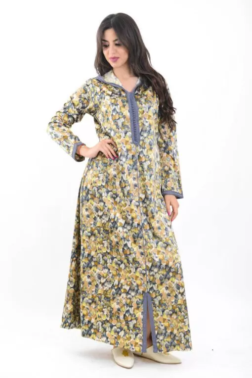 Modern Djellaba Djellabas - Modern long sleeves Djellaba with hood. Worked in printed satin with floral patterns and adorned wit