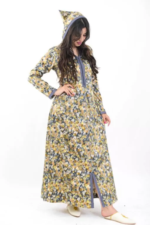 Modern Djellaba Djellabas - Modern long sleeves Djellaba with hood. Worked in printed satin with floral patterns and adorned wit