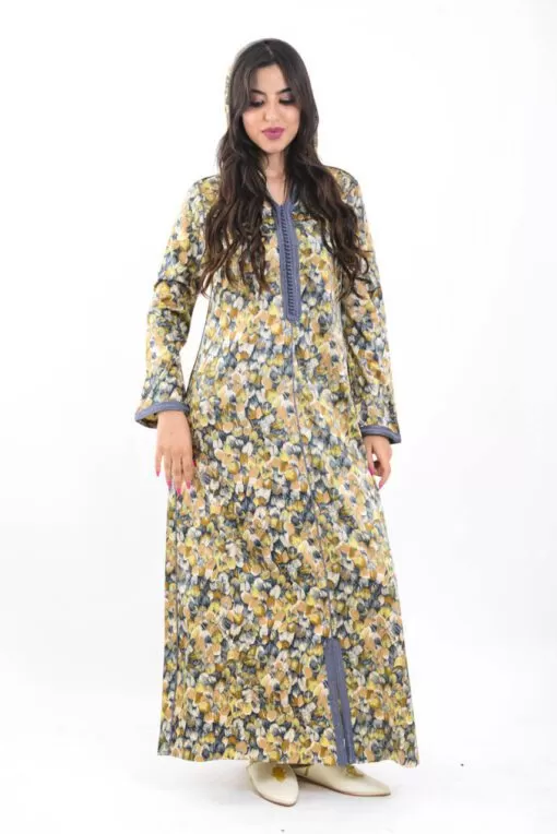 Modern Djellaba Djellabas - Modern long sleeves Djellaba with hood. Worked in printed satin with floral patterns and adorned wit