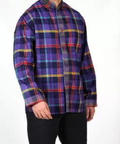 Dark purple shirt with multicolored stripes