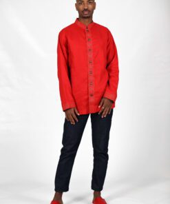 Red shirt embroidered in gold thread and metal buttons