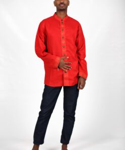 Red shirt embroidered in gold thread and metal buttons