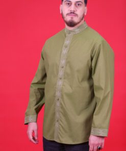 Green shirt embroidered in white thread