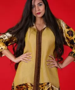 Yellow shirt with printed sleeves with brown and yellow sfifa