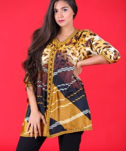 Printed tunic with brown sfifa and aakad buttons