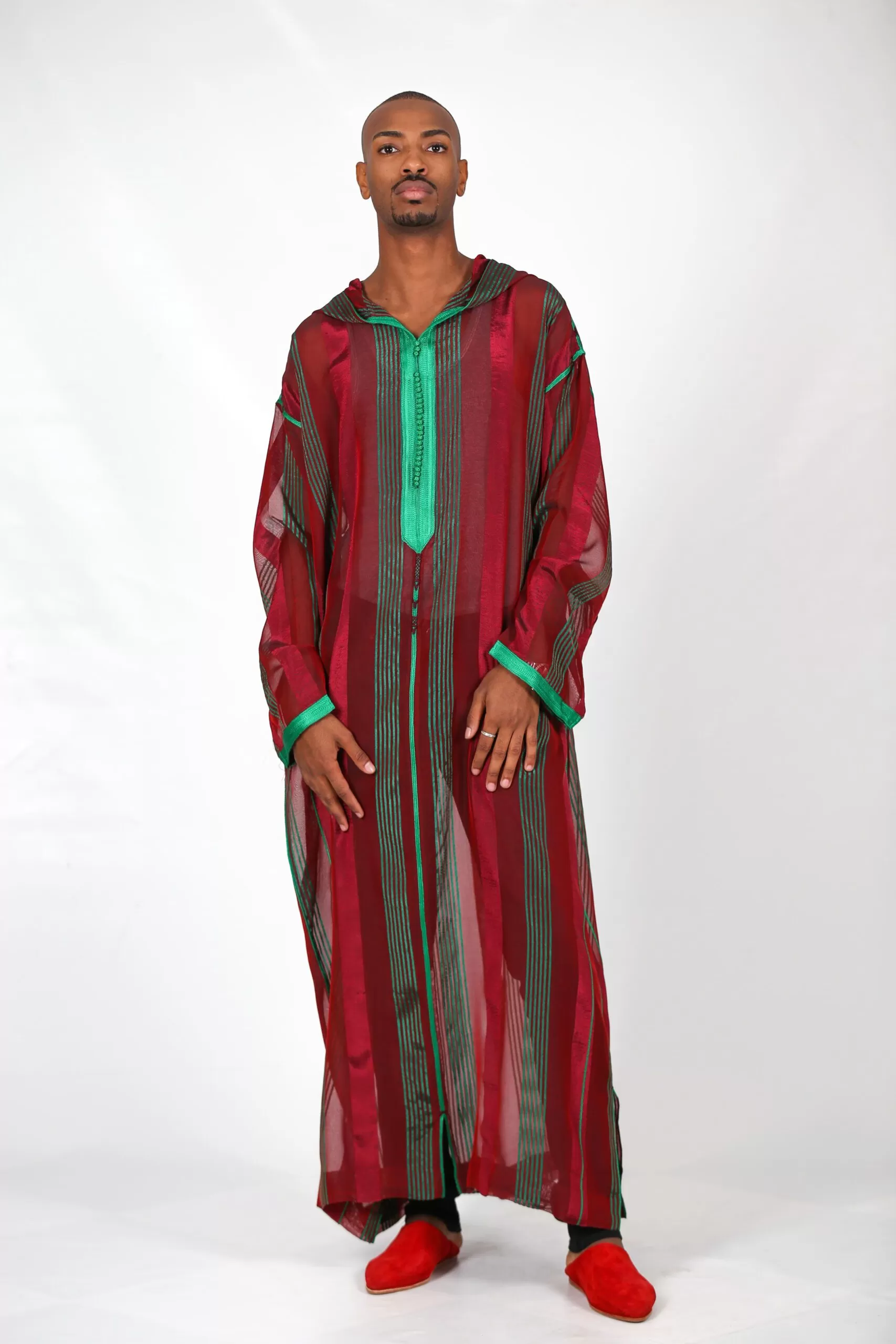 Djellaba long red and green stripes