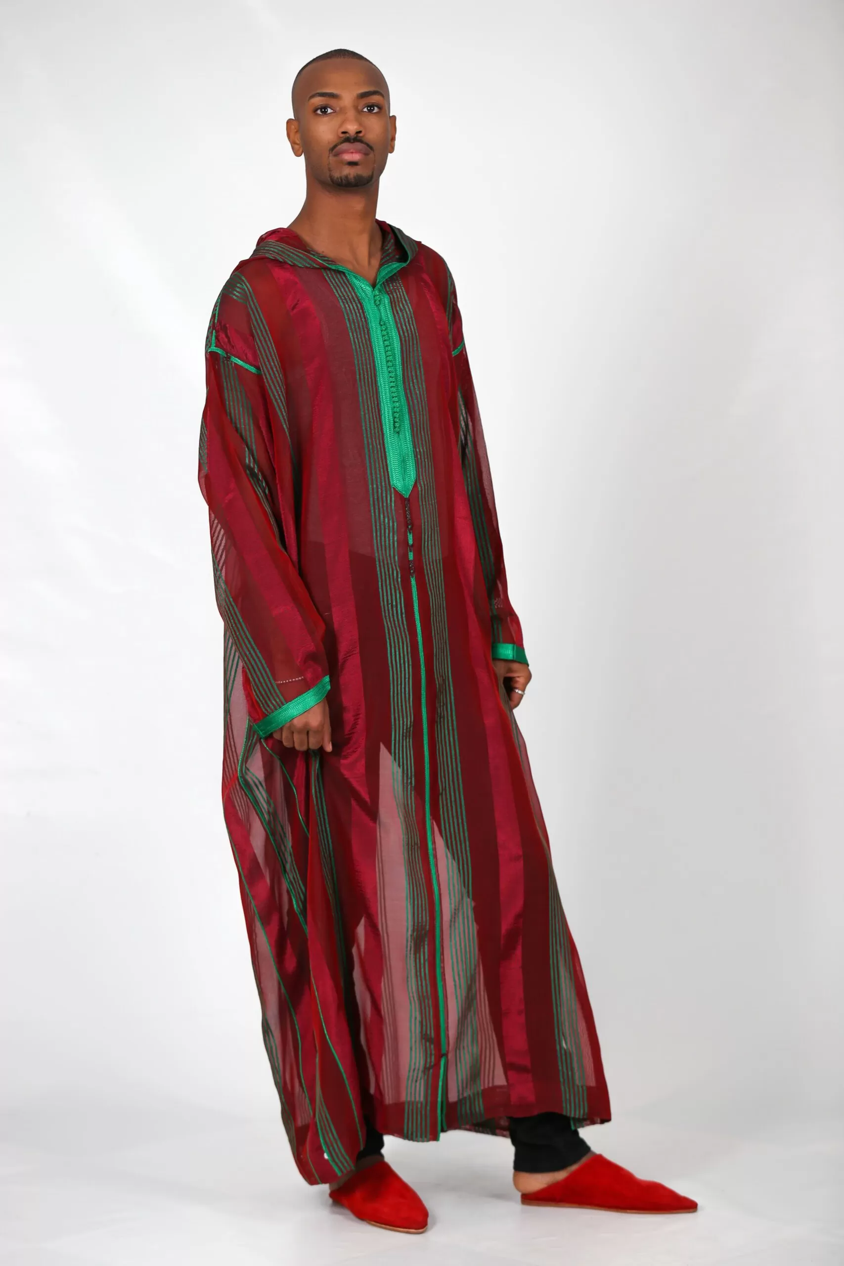 Djellaba long red and green stripes